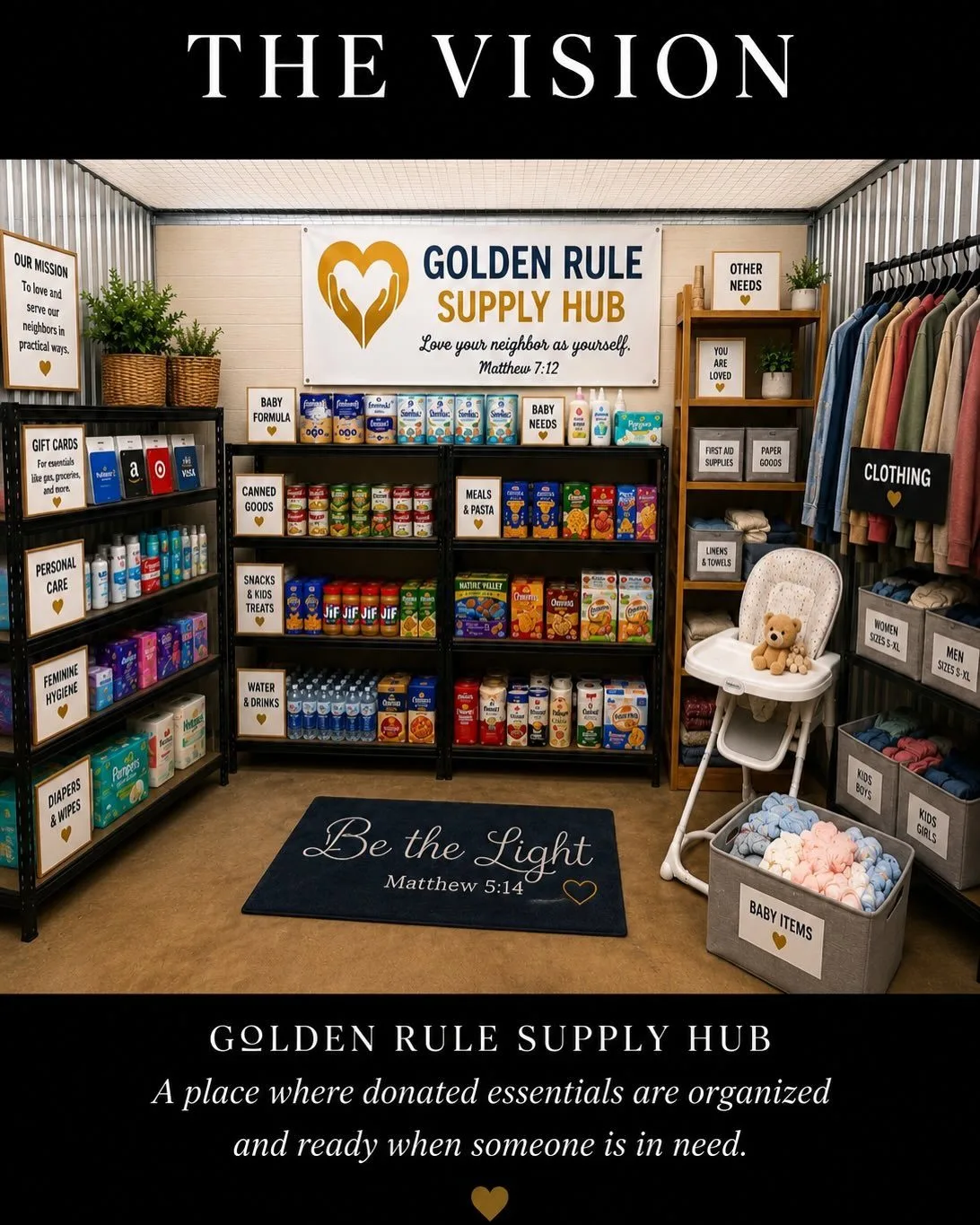 The vision for the Golden Rule Supply Hub &ndash; shelves stocked with food, baby supplies, personal care items and clothing