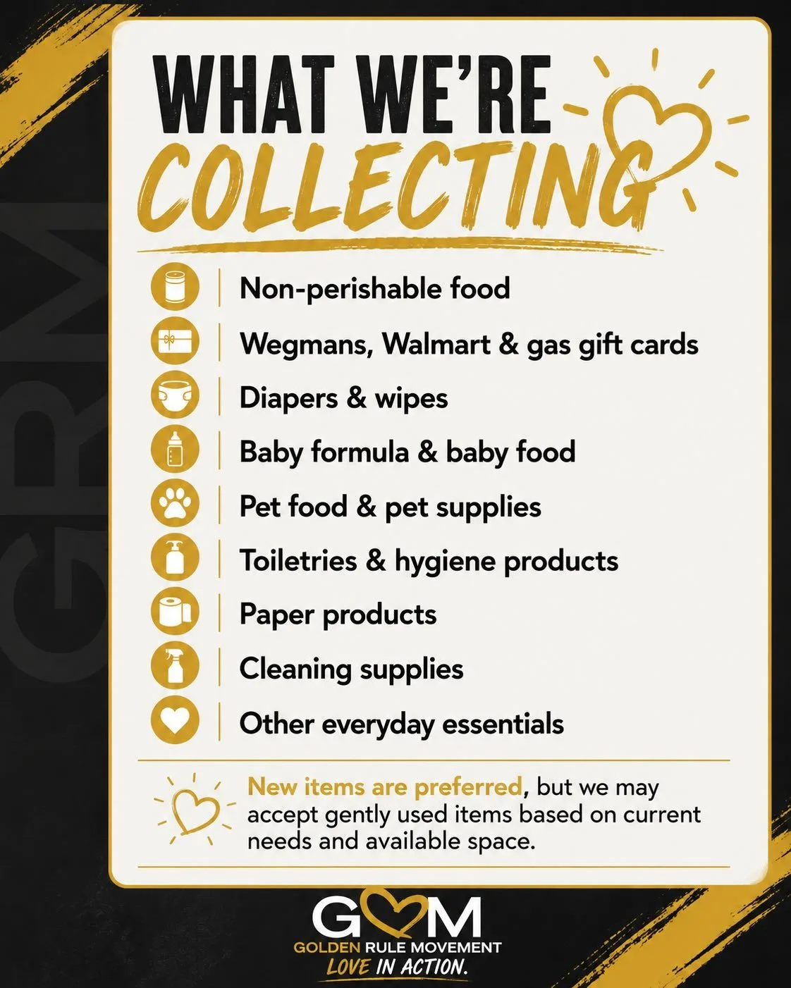 What we&rsquo;re collecting list &ndash; non-perishable food, gift cards, diapers, baby formula, pet supplies, toiletries, paper products, cleaning supplies and everyday essentials